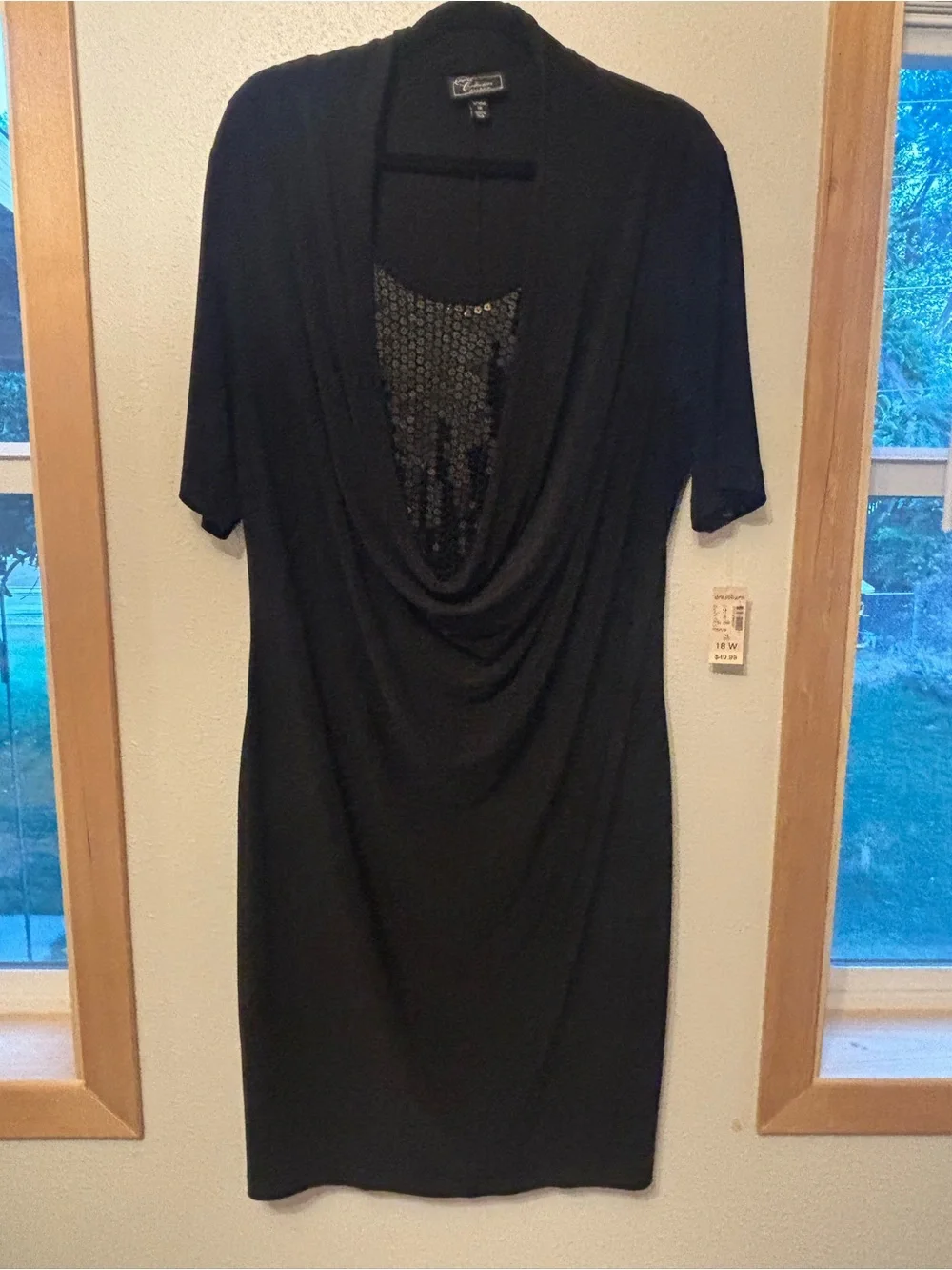 dressbarn Black Draped Neck Dress Jacket with Sequin Panel 18 0020S